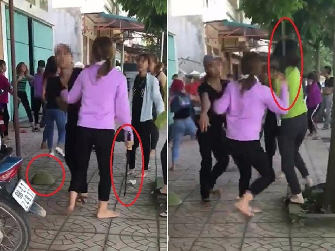 2 nhóm thiếu nữ cầm mũ cối, gậy sắt đánh nhau túi bụi