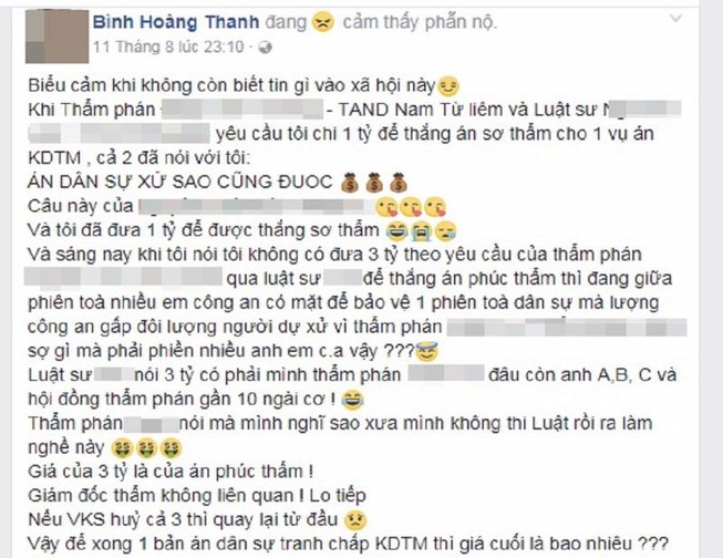 Công an điều tra vụ tố thẩm phán nhận 1 tỉ đồng
