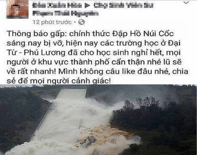 Xử lý người tung tin nhảm 'vỡ đập hồ Núi Cốc'