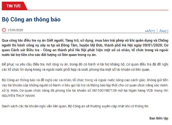 Bộ Công an thông tin việc phong tỏa tài khoản vụ Đồng Tâm