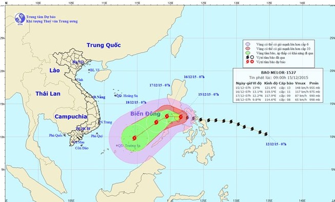 Tối 15-12, hoàn lưu bão Melor gây gió mạnh cấp 12 ở biển Đông