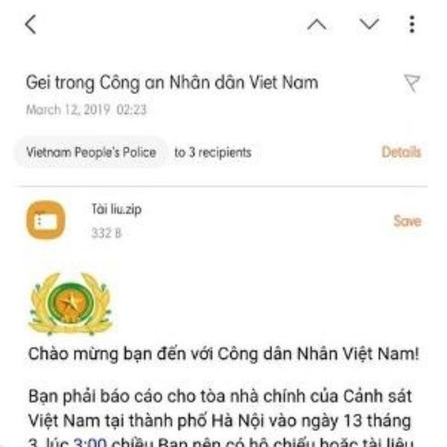 Cẩn trọng email chứa mã độc giả mạo cơ quan công an 