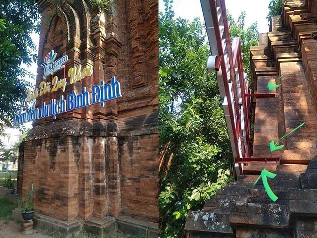 Khoan, đục tháp cổ để treo... bảng quảng bá du lịch
