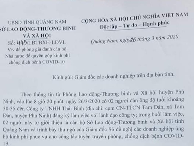 Lợi dụng dịch COVID-19, giả danh cán bộ xin tiền doanh nghiệp