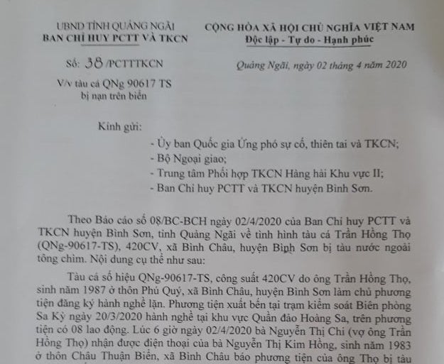 8 ngư dân trên tàu bị đâm chìm ở Hoàng Sa đã được an toàn
