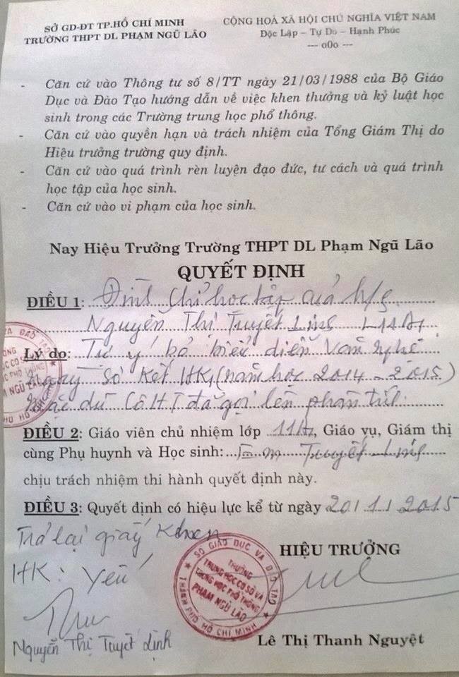 'Quyết định đình chỉ học chỉ là giả để…giáo dục học sinh'(!)