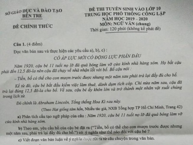 Đề thi lớp 10 môn Văn của Bến Tre có sai sót