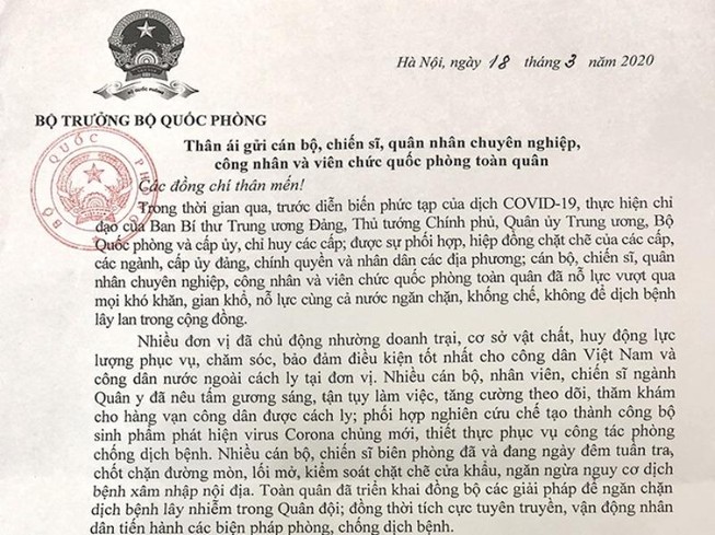 Bộ trưởng Quốc phòng gửi thư khen quân đội chống dịch COVID-19