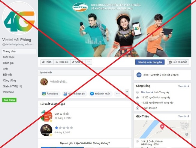 Một trang giả mạo Viettel trên Facebook