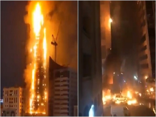 Tháp Abbco 48 tầng ở Sharjah (UAE) cháy phừng phực tối 5-5. Ảnh: RT
