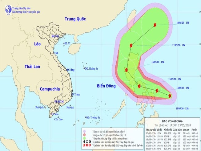 Hướng di chuyển của bão Vongfong. Ảnh: Trung tâm dự báo KTTV quốc gia