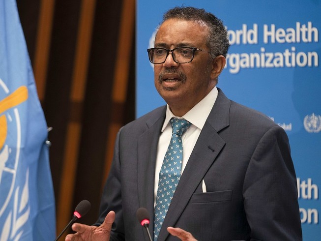 Tổng Giám đốc WHO Tedros Adhanom Ghebreyesus phát biểu tại đầu cầu Geneva (Thụy Sỹ) trong phiên họp WHA hôm 18-5. Ảnh: AFP