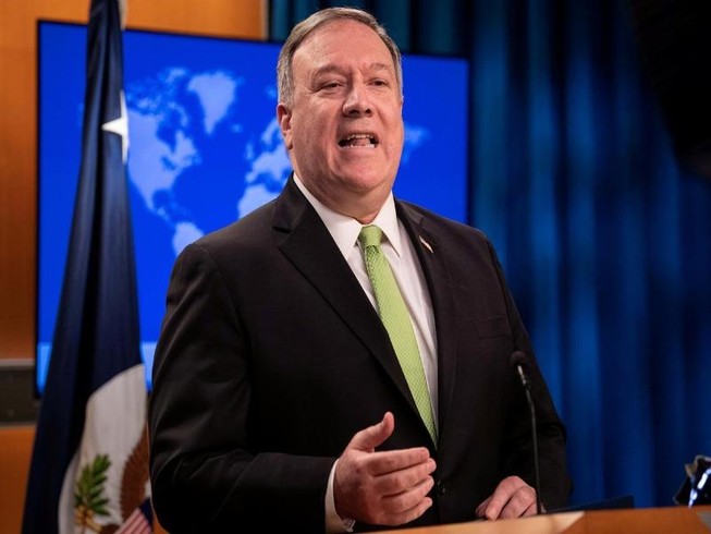 Ngoại trưởng Mỹ Mike Pompeo phát biểu tại Bộ Ngoại giao Mỹ ở thủ đô Washington ngày 20-5-2020.