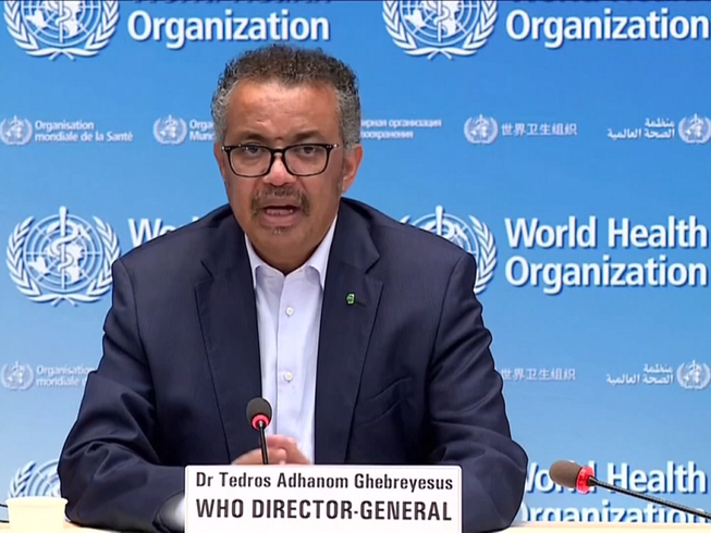Tổng Giám đốc Tổ chức Y tế thế giới Tedros Adhanom Ghebreyesus trong cuộc họp báo ngày 19-6. Ảnh chụp màn hình REUTERS