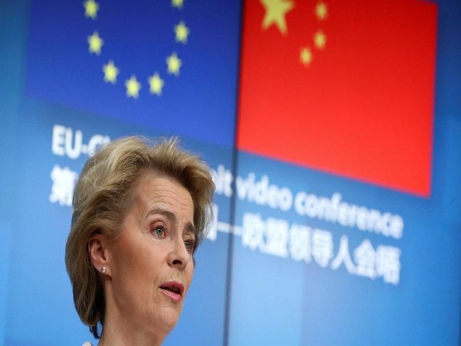 Bà Ursula von der Leyen - Chủ tịch Ủy ban châu Âu - trong cuộc họp trực tuyến với Chủ tịch Trung Quốc Tập Cận Bình ngày 22-6.