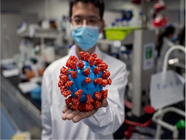 Mô hình bằng virus SARS-CoV-2 gây dịch COVID-19 tại công ty Sinovac Biotech (Bắc Kinh, Trung Quốc). Ảnh: AFP