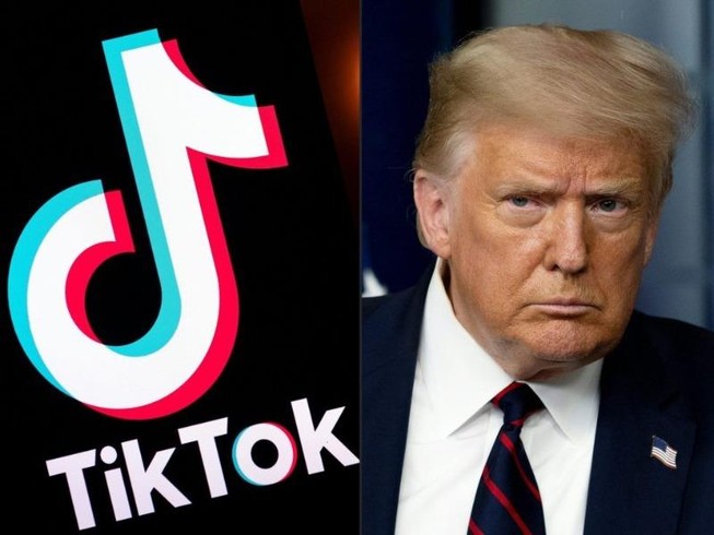 Logo ứng dụng TikTok bên cạnh Tổng thống Mỹ Donald Trump.