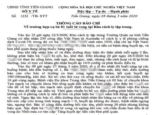Cụ bà tử vong tại khu cách ly không liên quan COVID-19