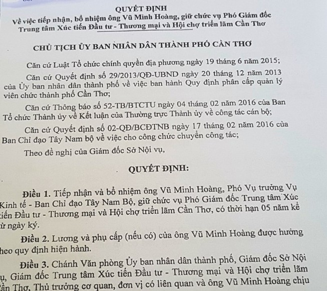 Cần Thơ sẽ thu hồi quyết định bổ nhiệm Vũ Minh Hoàng