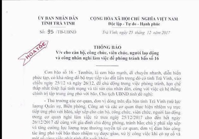 Trà Vinh: Người lao động được nghỉ làm để tránh bão