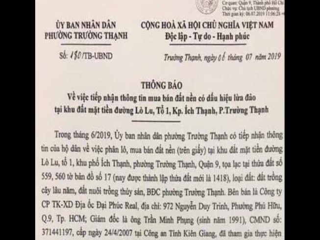 Cảnh báo mua đất nền có dấu hiệu lừa đảo ở quận 9