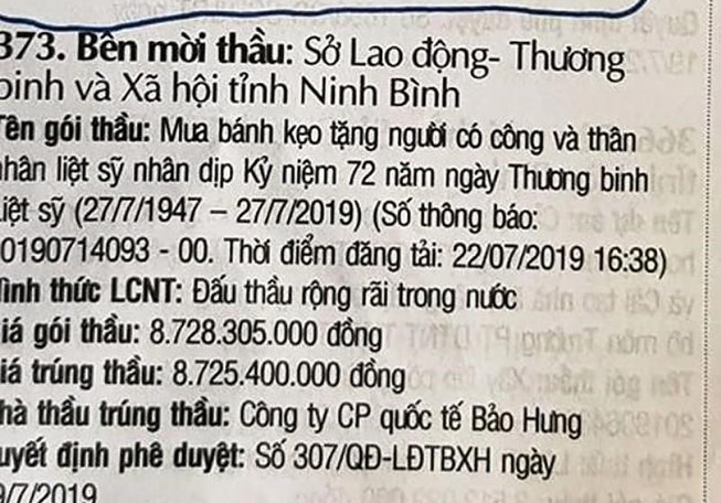 Ninh Bình thông tin về gói thầu 8,7 tỉ đồng tặng quà dịp 27-7