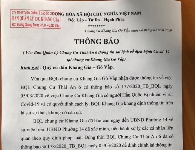 BQL chung cư Khang Gia bác bỏ thông tin có cư dân bị COVID-19
