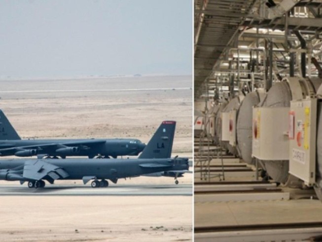 Máy bay ném bom B-52 (trái) và cơ sở làm giàu uranium Fordow của Iran (phải). Ảnh: REUTERS