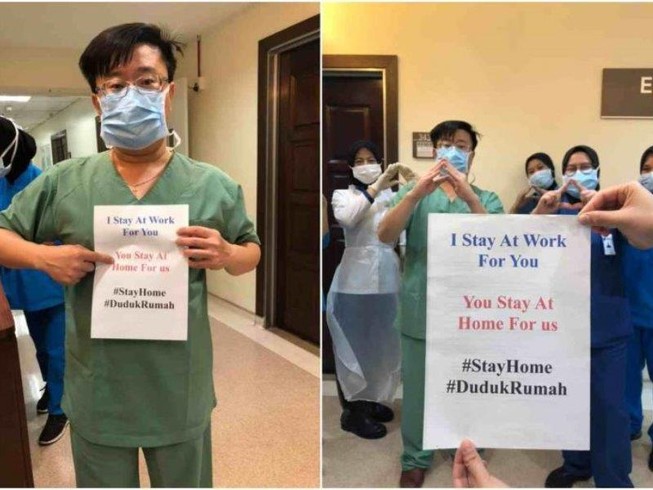 “Tôi ở chỗ làm vì bạn. Bạn ở nhà vì chúng ta” – dòng thông điệp bác sĩ Gee Teak Sheng (Malaysia) đưa lên FACEBOOK