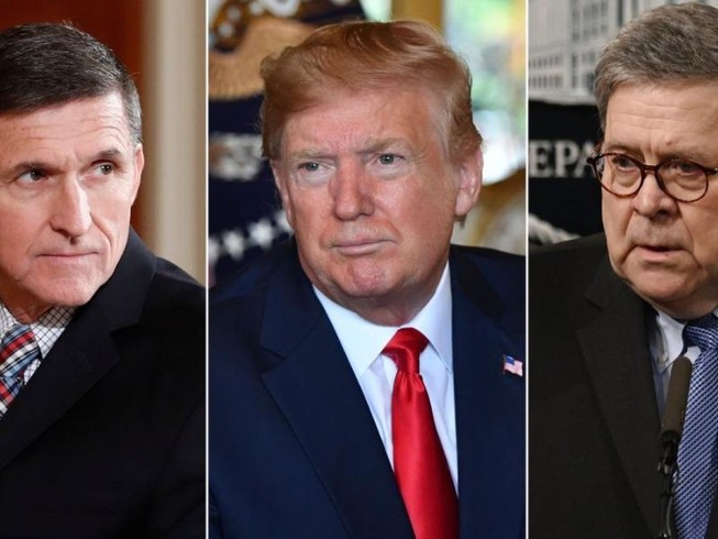 Từ trái qua: Ông Flynn, ông Trump, và ông Barr. Ảnh: CNN
