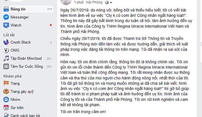 Đưa thông tin một nửa sự thật lên Facebook, phải đính chính