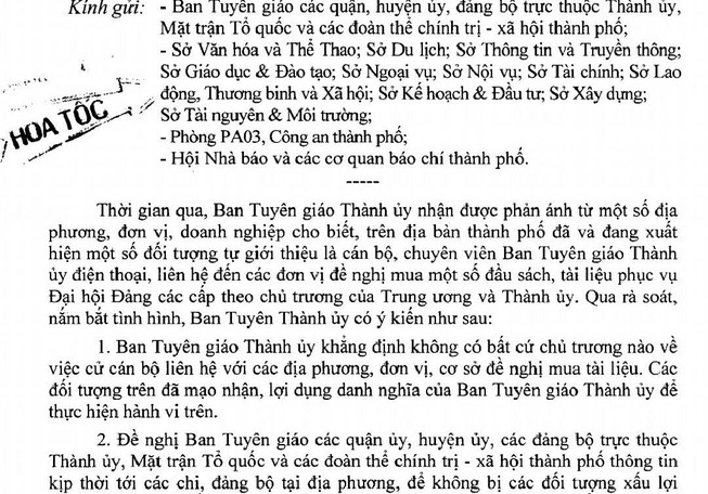 Cảnh báo nạn mạo danh Ban Tuyên giáo bán tài liệu đại hội Đảng