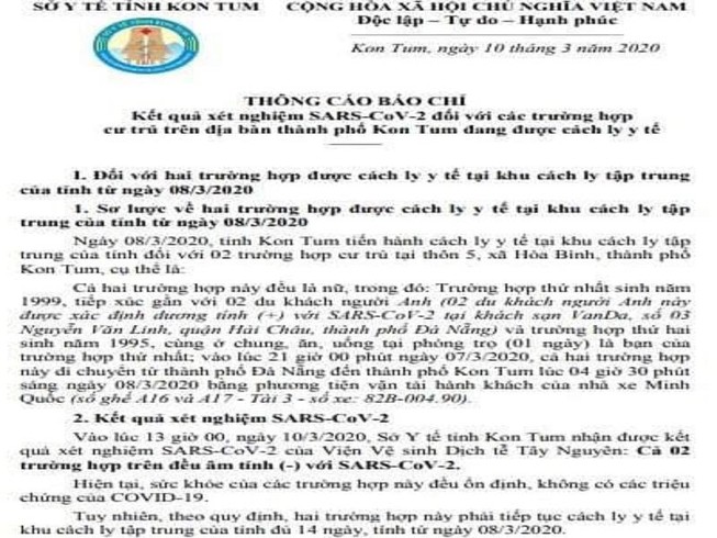 Kết quả xét nghiệm của 2 người bị cách ly ở Kon Tum