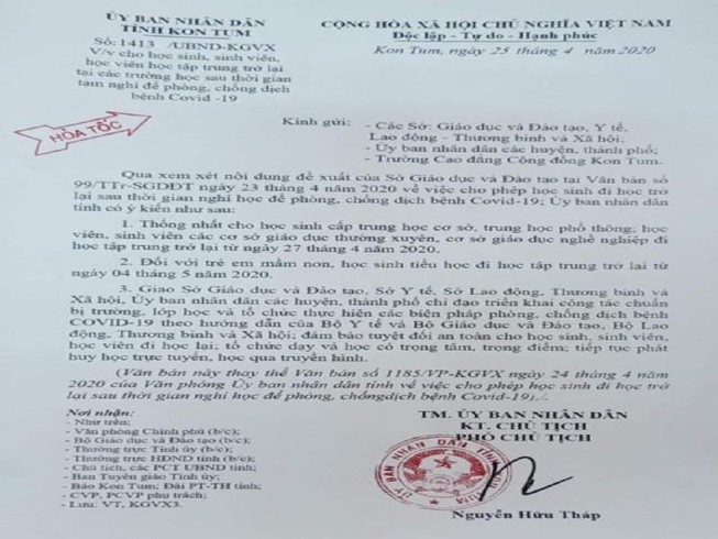Kon Tum: Học sinh lớp 6 trở lên đi học lại từ 27-4
