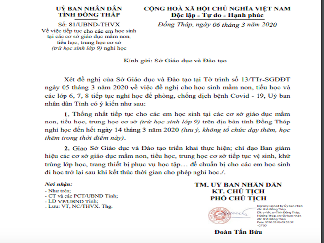 Công văn của UBND tỉnh Đồng Tháp