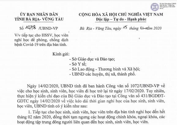 Bà Rịa-Vũng Tàu: Tiếp tục cho HS, SV nghỉ hết tháng 2-2020