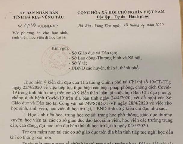 Bà Rịa- Vũng Tàu: Học sinh từ tiểu học trở lên đi học từ 4-5