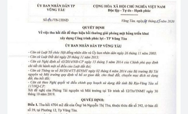 Phát hiện văn bản thu hồi đất giả chữ ký Chủ tịch Vũng Tàu 