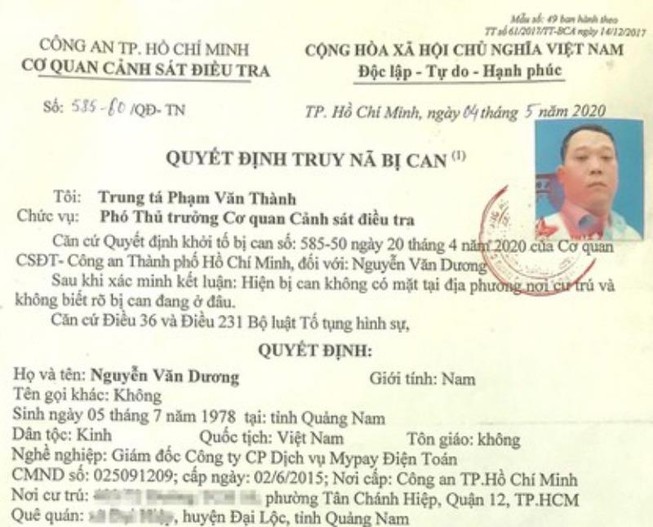 Công an truy nã giám đốc Công ty CP Dịch vụ Mypay Điện Toán