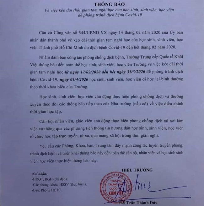 Cho HS nghỉ học hết tháng 3 để tránh dịch, nhà trường nói gì?