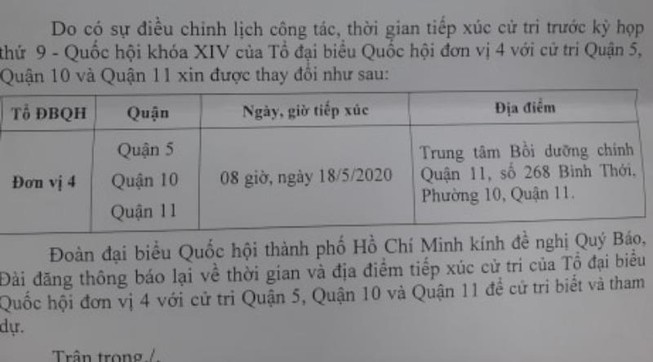Tổ đại biểu QH TP.HCM đơn vị 4 dời lịch tiếp xúc cử tri