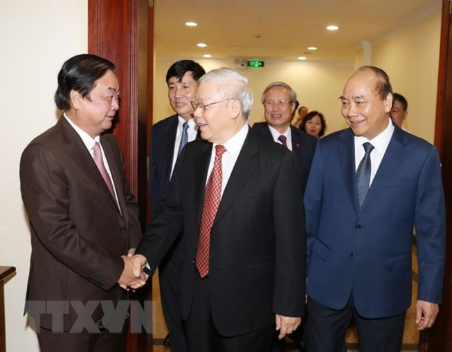Tổng bí thư, Chủ tịch nước Nguyễn Phú Trọng cùng các đại biểu tham dự hội nghị. Ảnh: TTXVN