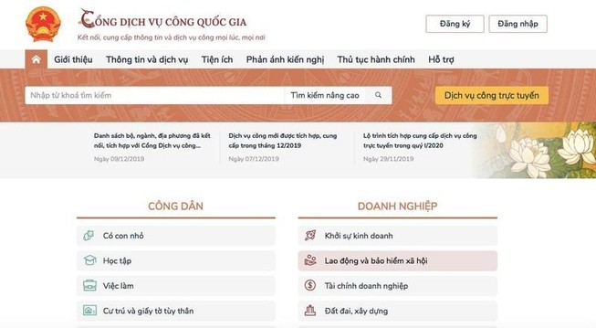 Giao diện Cổng Dịch vụ công Quốc gia