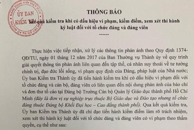 Kỷ luật 3 đảng viên Trường Cán bộ quản lý giáo dục TP.HCM