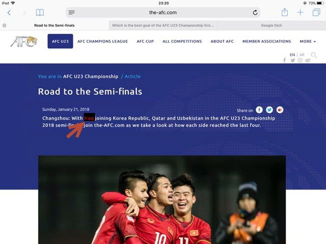 Sau Google, đến lượt AFC nhầm lẫn U23 Iraq loại U23 VN