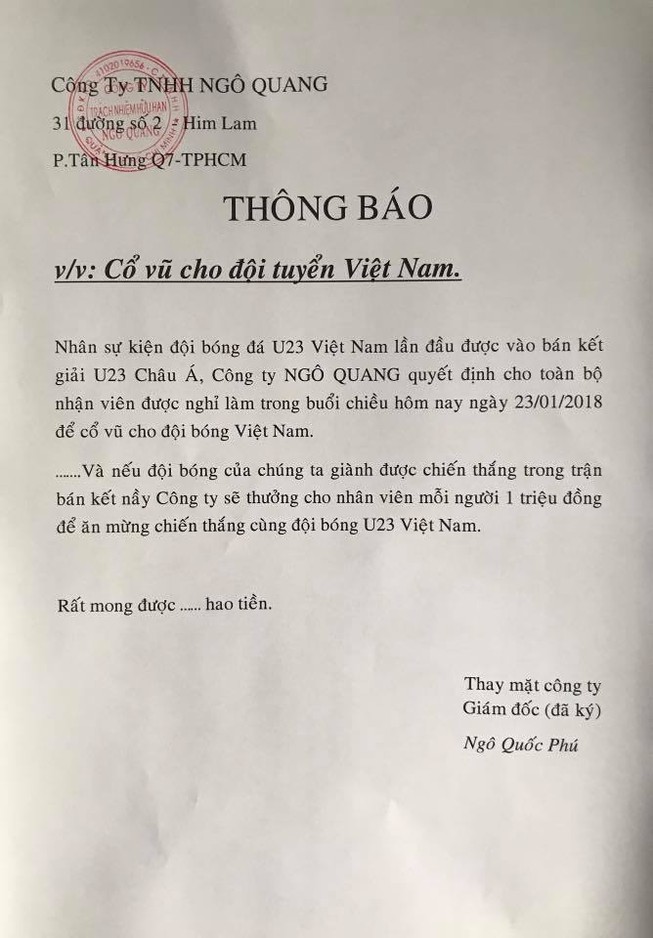 U23 VN vào chung kết, nhân viên được ăn mừng 3 đêm liền