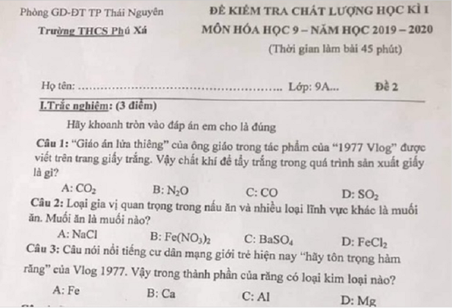 Hiện tượng 1977 Vlog vào đề thi hóa học