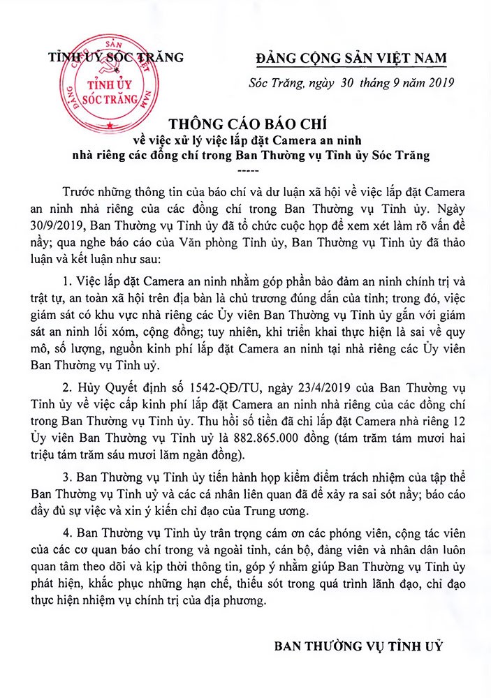 Sóc Trăng nhận sai, hủy việc lắp camera nhà cán bộ thường vụ - ảnh 1