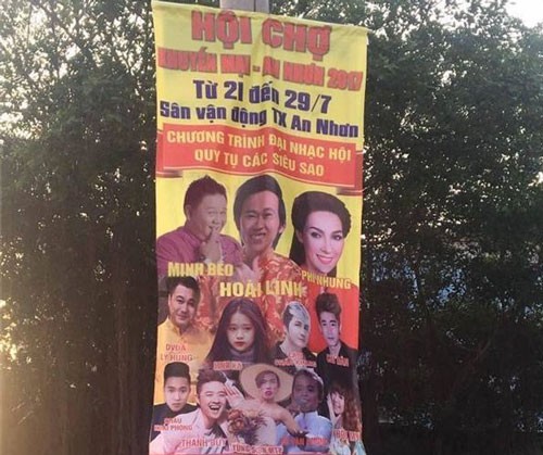 Hình ảnh tấm pano quảng cáo Minh Béo, Tùng Sơn... là siêu sao lan truyền trên mạng xã hội khiến dư luận bức xúc.