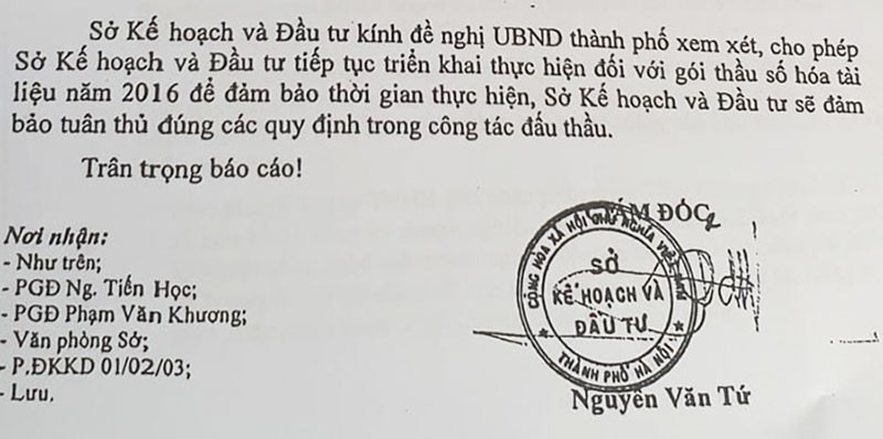 Báo cáo của Sở KH&ĐT nêu việc hoãn đấu thầu theo chỉ đạo của chủ tịch TP Hà Nội.